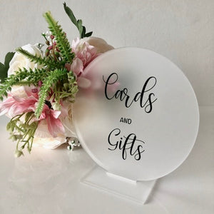 Frosted circular Cards and gifts sign