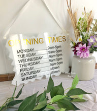 Load image into Gallery viewer, Opening times hanging door sign