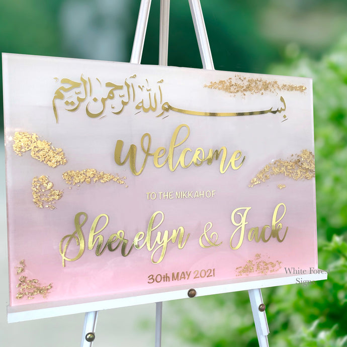 Ombre Welcome sign with Arabic text and optional gold leaf